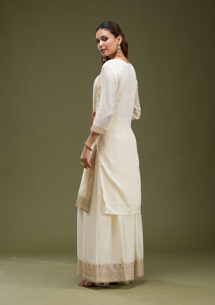 Beige Cording Chinon Readymade Sharara suit