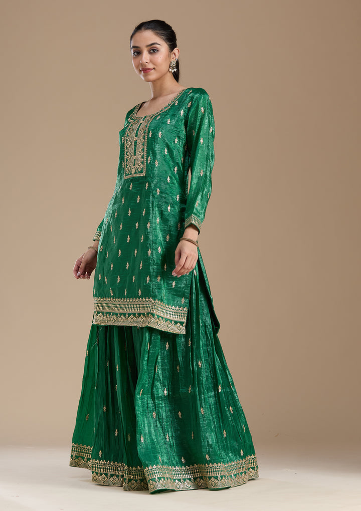 Bottle Green Zariwork (Gold) Soft Raw Silk Readymade Salwar Suit
