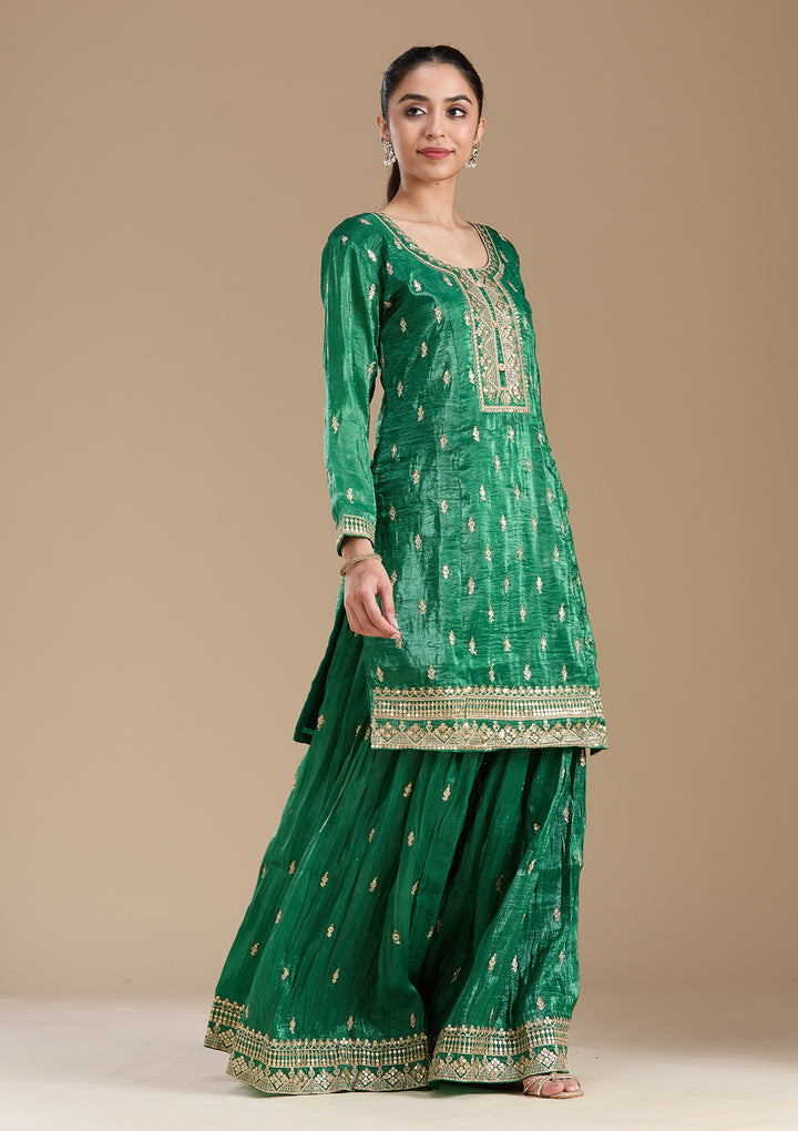 Bottle Green Zariwork (Gold) Soft Raw Silk Readymade Salwar Suit