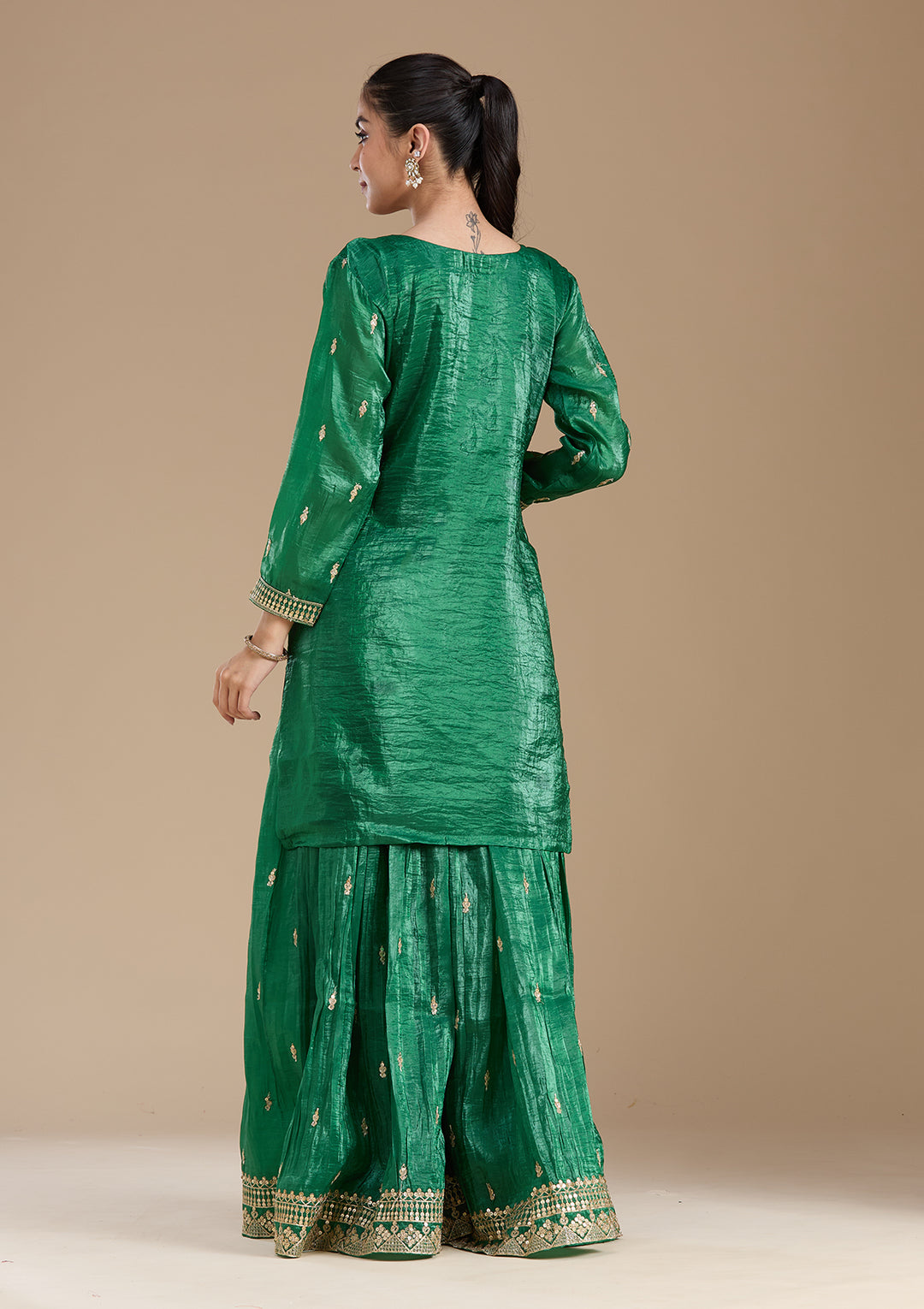 Bottle Green Zariwork (Gold) Soft Raw Silk Readymade Salwar Suit