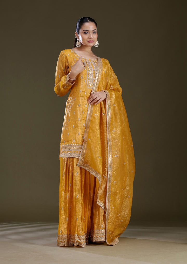 Mustard Yellow Zariwork (Gold) Soft Raw Silk Readymade Salwar Suit