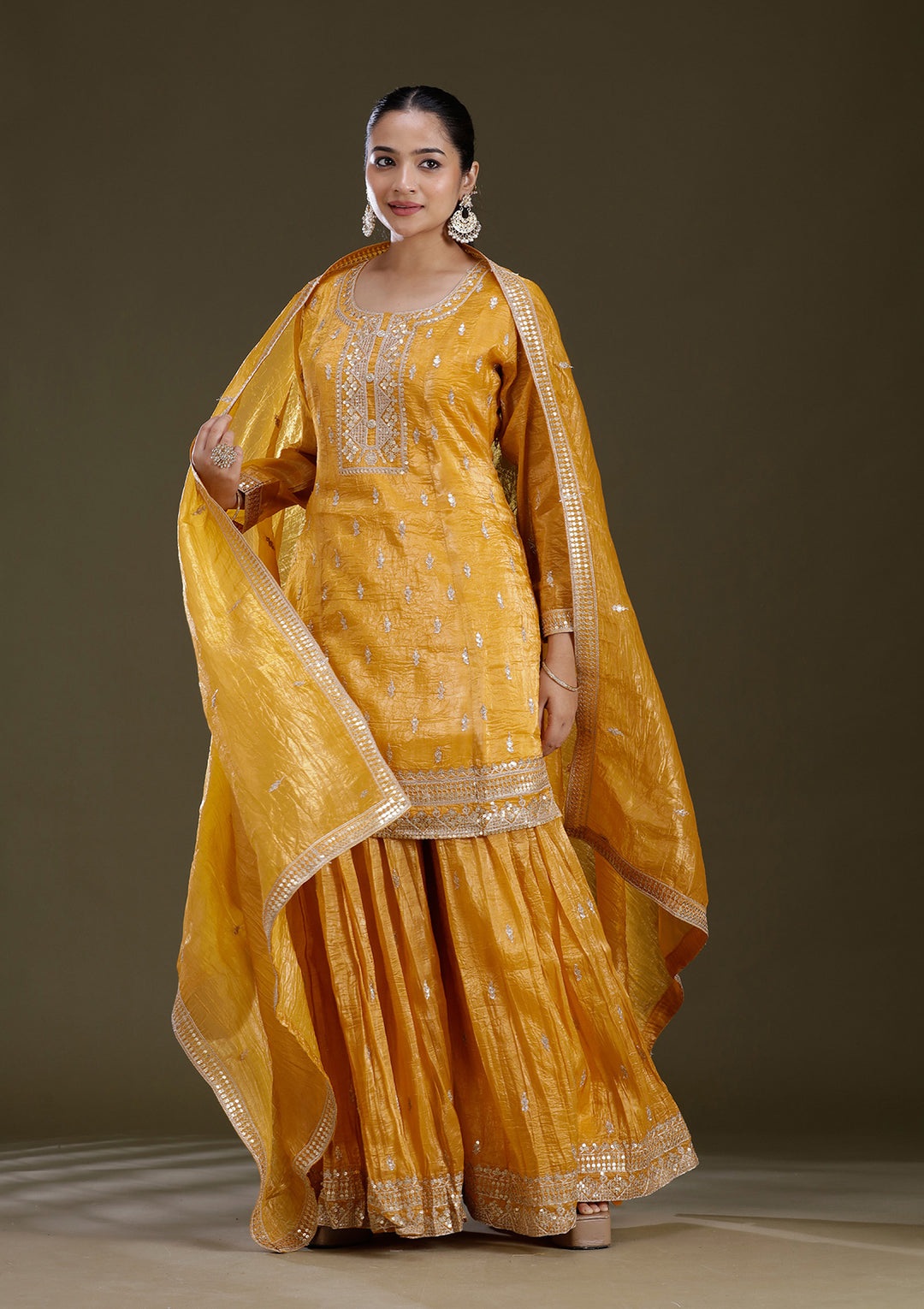 Mustard Yellow Zariwork (Gold) Soft Raw Silk Readymade Salwar Suit