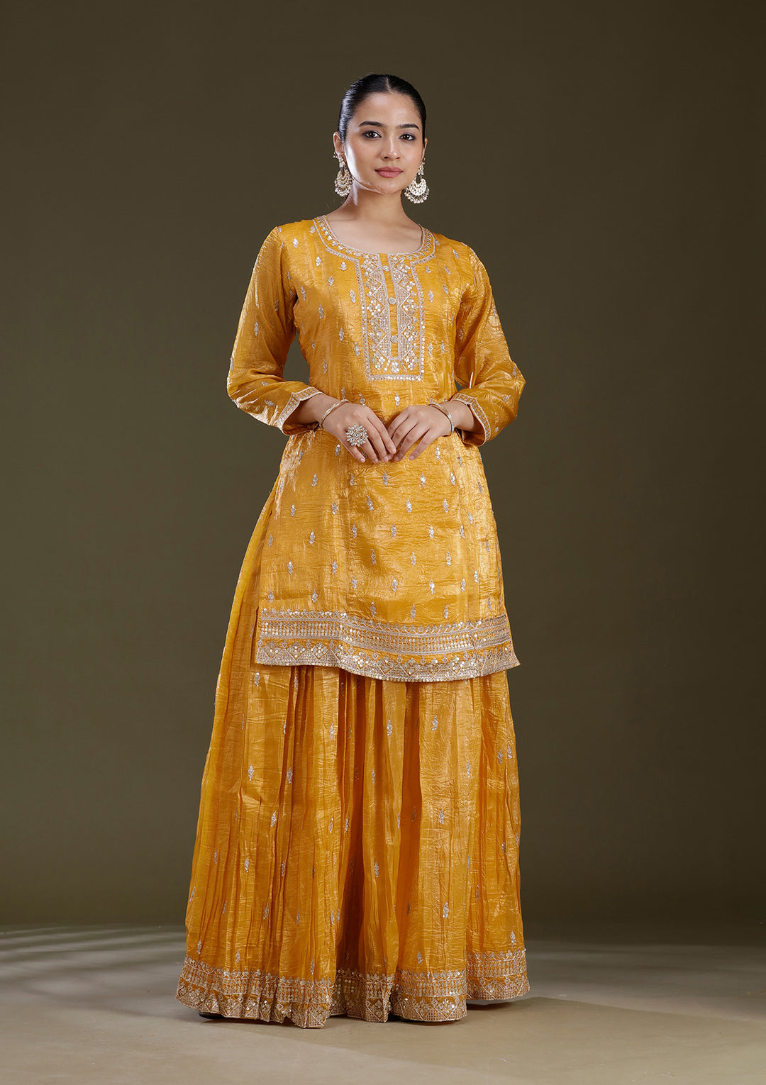 Mustard Yellow Zariwork (Gold) Soft Raw Silk Readymade Salwar Suit
