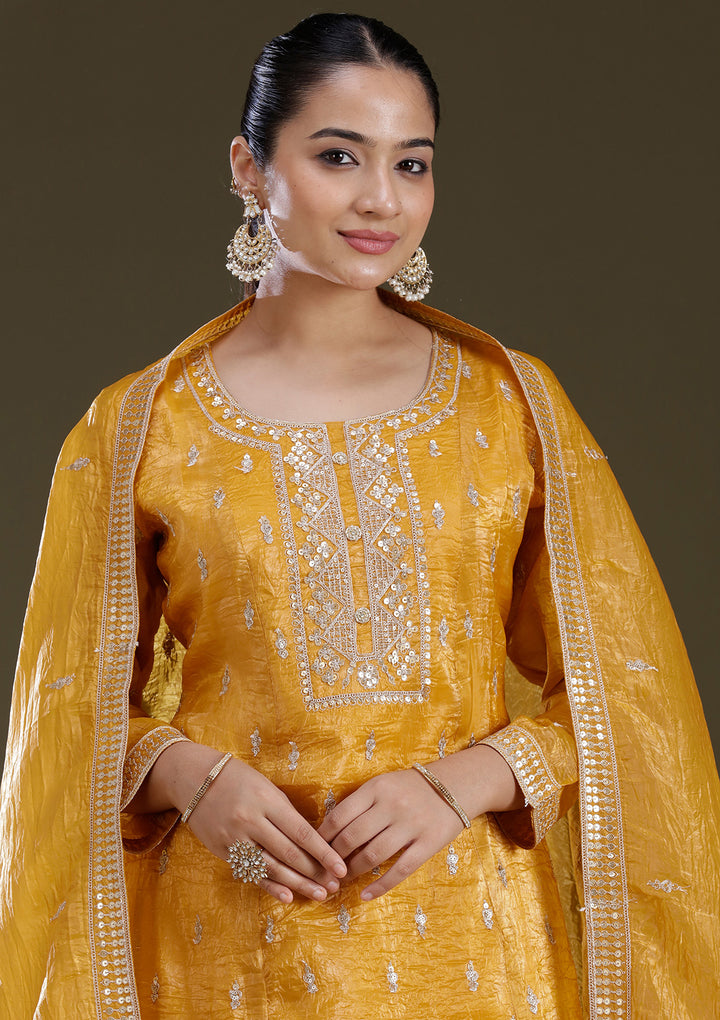 Mustard Yellow Zariwork (Gold) Soft Raw Silk Readymade Salwar Suit
