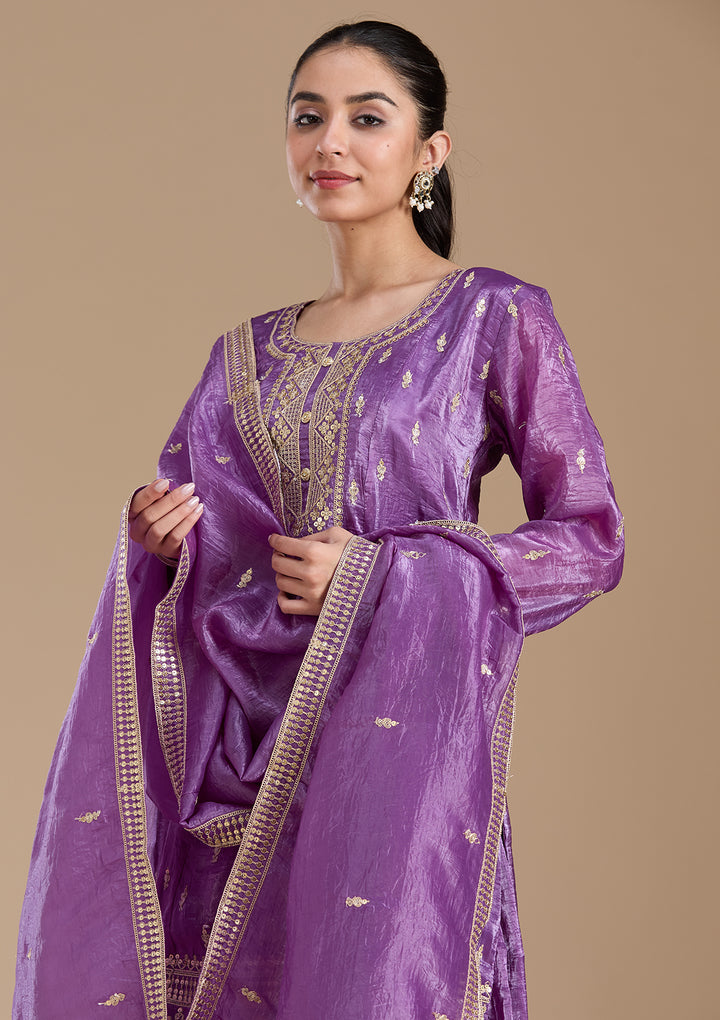 Purple Zariwork (Gold) Soft Raw Silk Readymade Salwar Suit