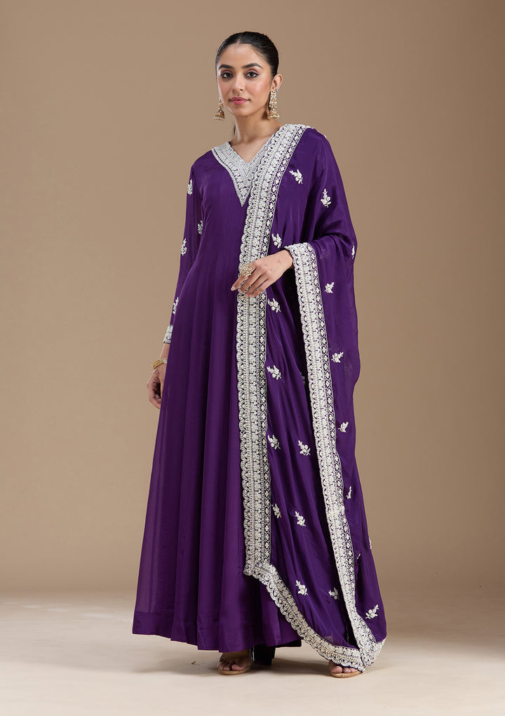 Purple Cutdana Crepe Readymade Salwar Suit