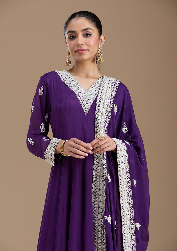 Purple Cutdana Crepe Readymade Salwar Suit