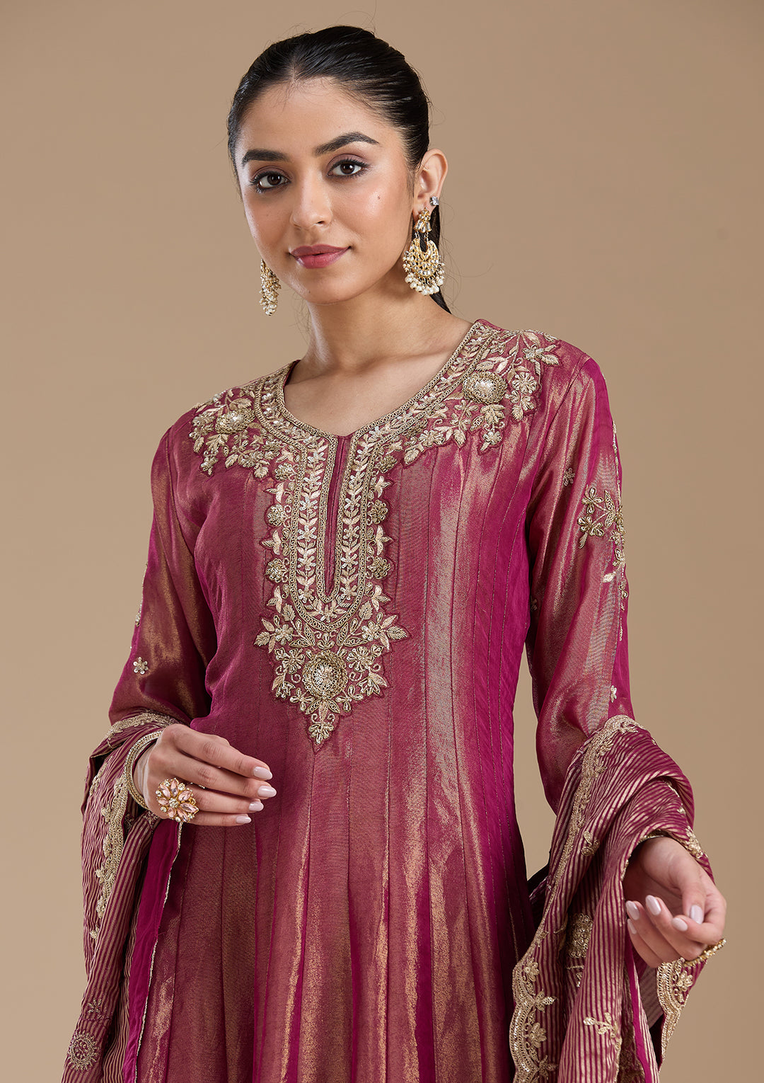 Onion Pink Zariwork Tissue Readymade Salwar Suit