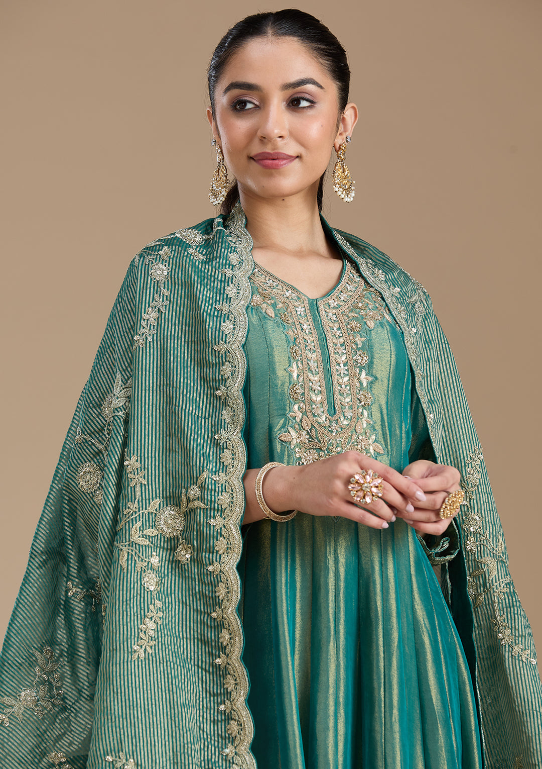 Sea Green Zariwork Tissue Readymade Salwar Suit