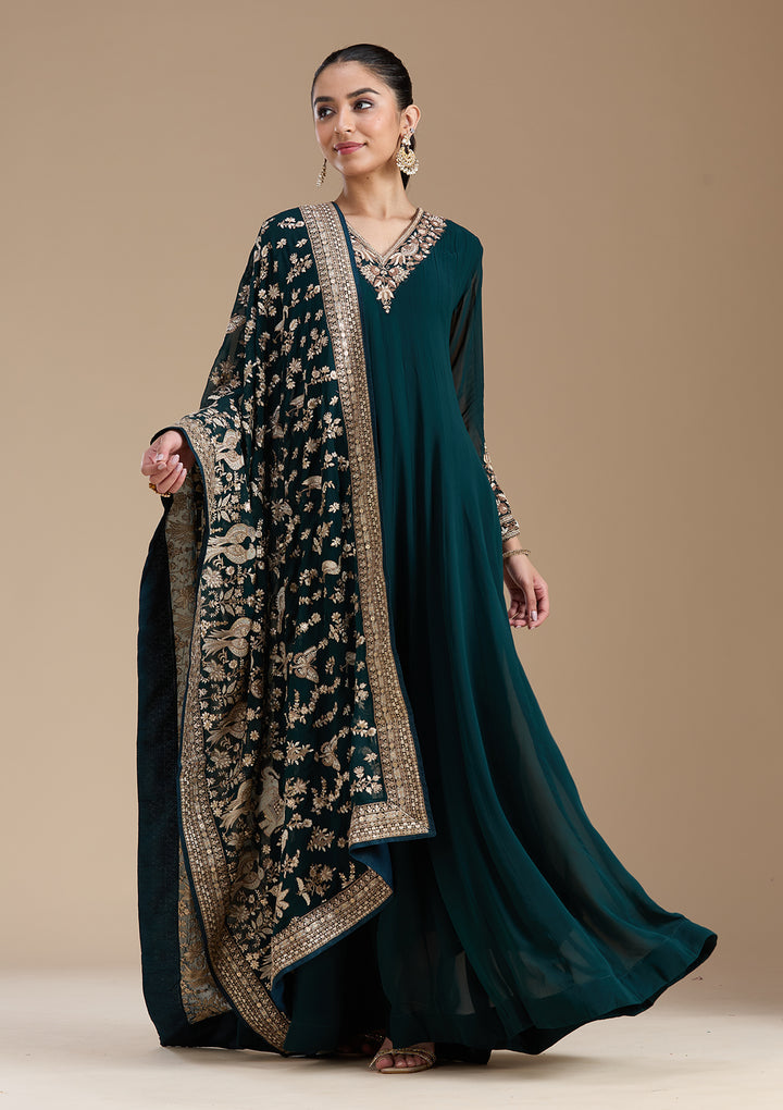 Teal Green Cutdana Georgette Readymade Salwar Suit