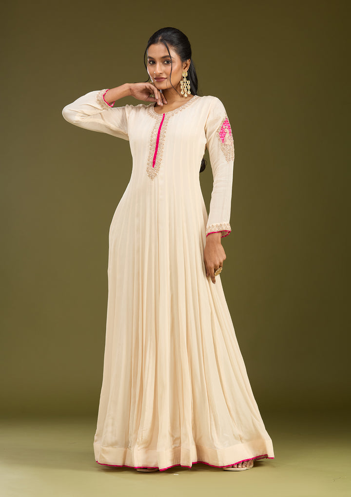 Off White Zariwork (Gold) Chanderi Readymade Salwar Suit