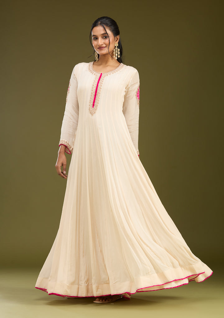 Off White Zariwork (Gold) Chanderi Readymade Salwar Suit