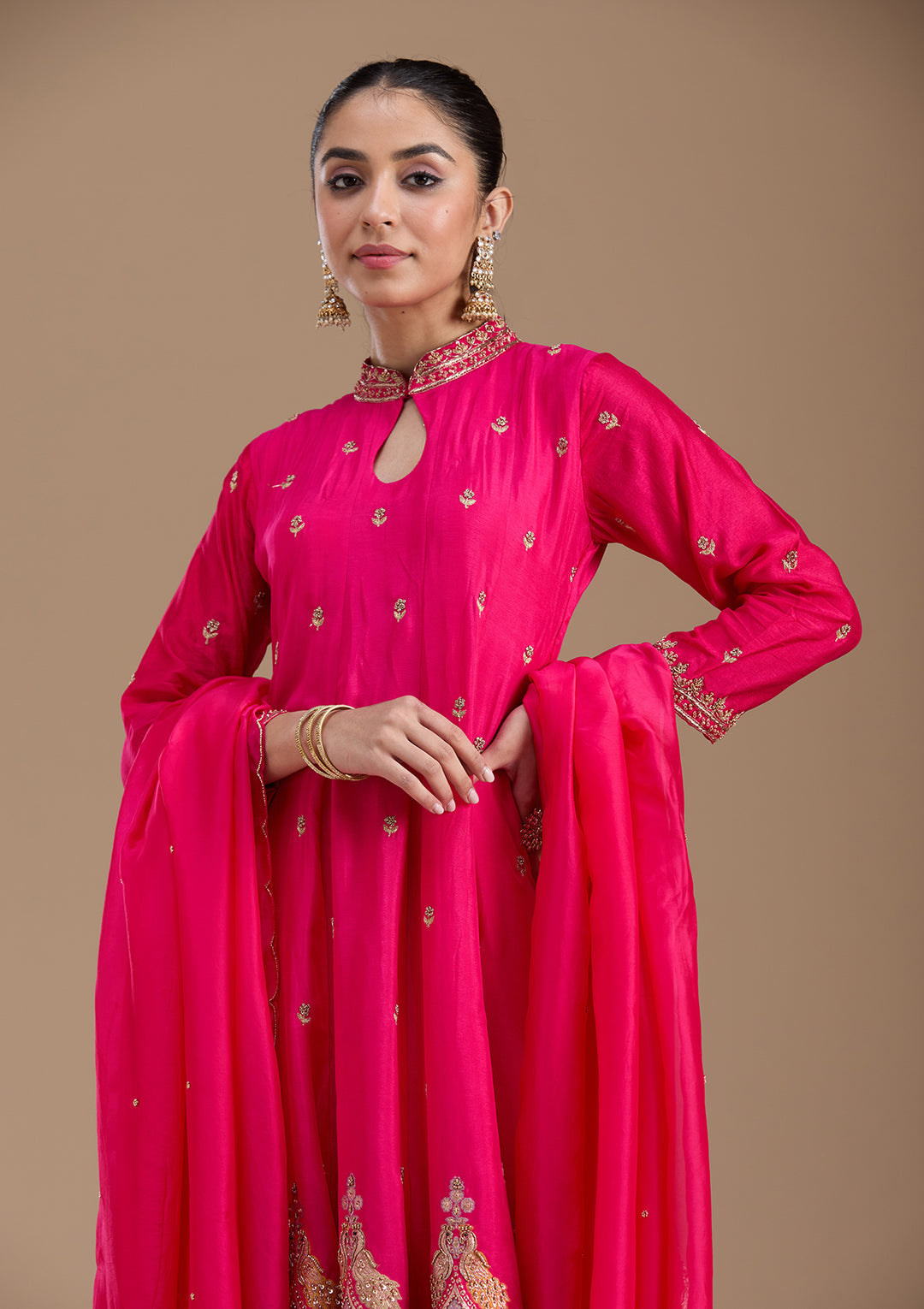 Brown Zariwork (Gold) Soft Raw Silk Readymade Salwar Suit