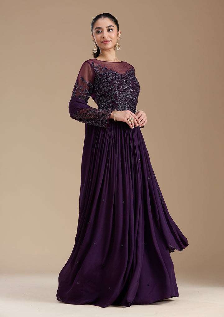 Purple Cutdana Satin Readymade Salwar Suit