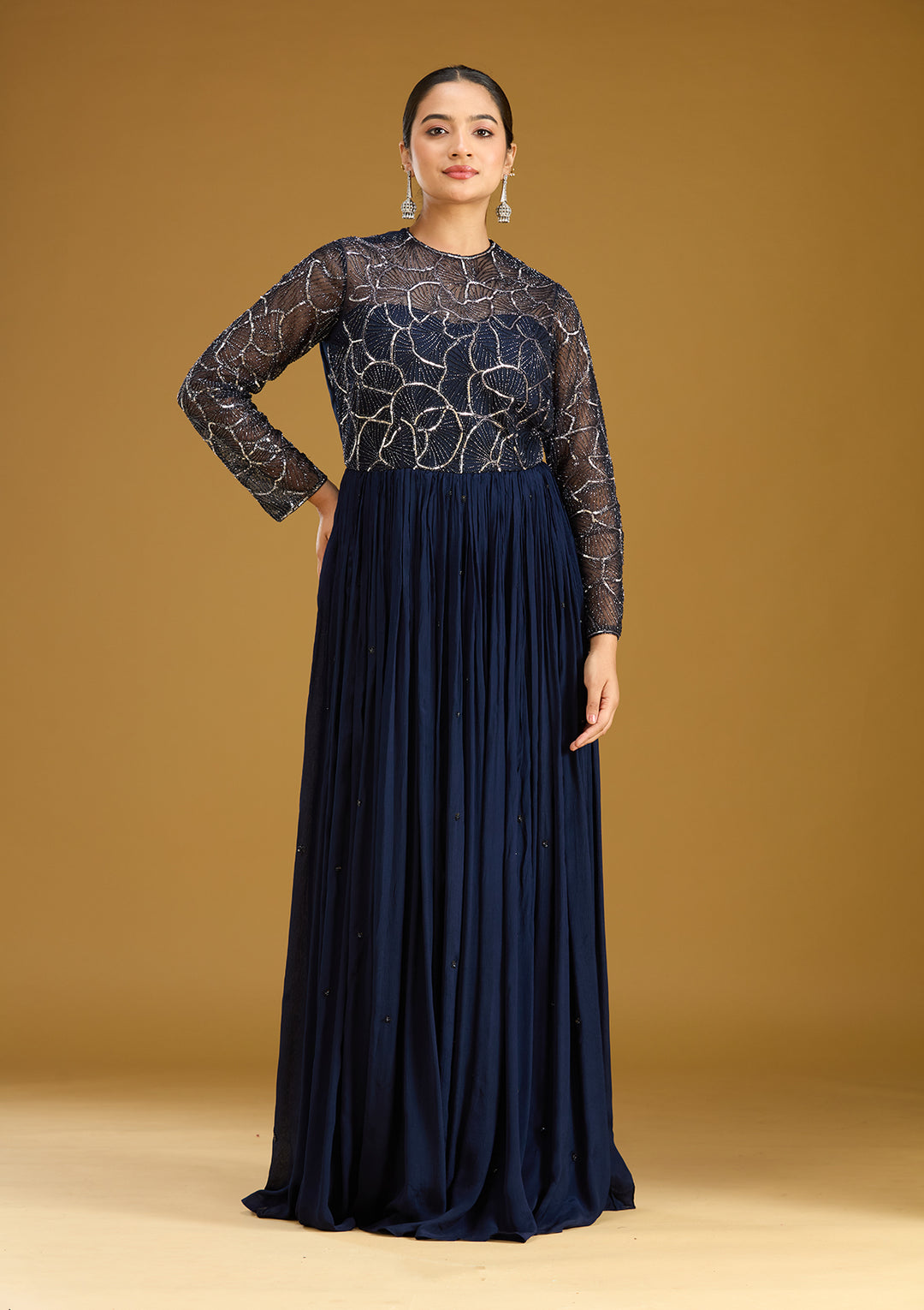 Navy Blue Sequins Satin Readymade Salwar Suit