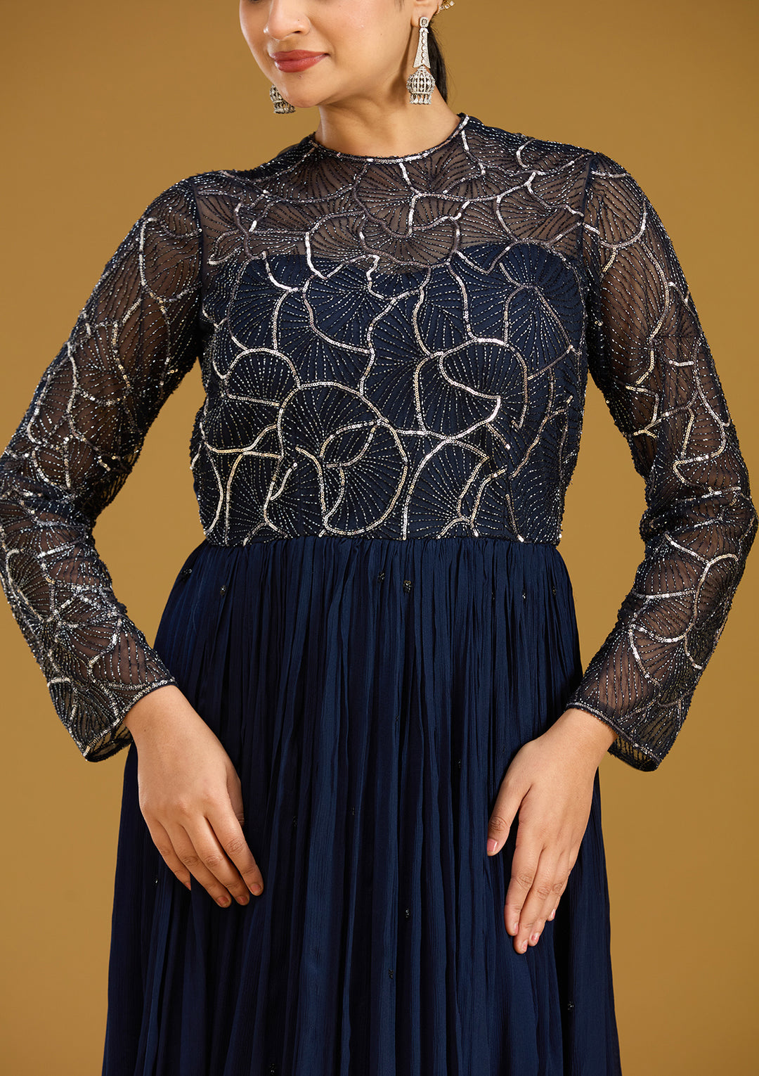 Navy Blue Sequins Satin Readymade Salwar Suit