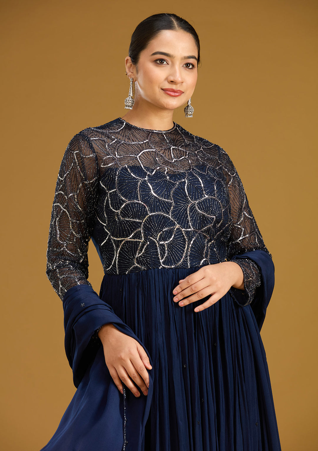 Navy Blue Sequins Satin Readymade Salwar Suit