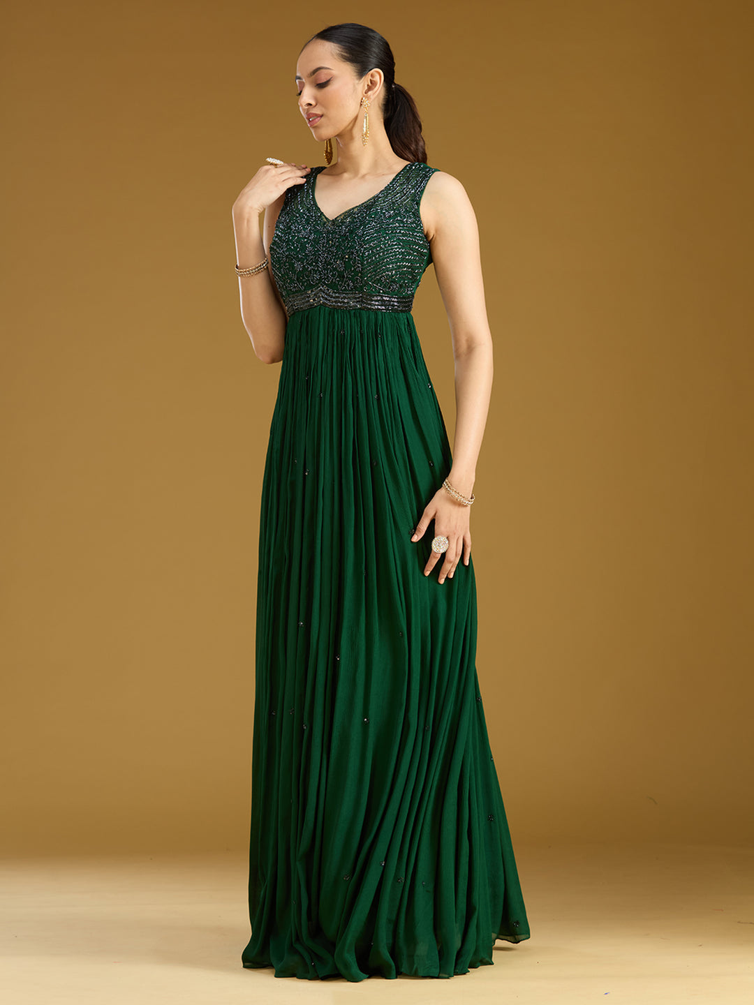 Bottle Green Sequins Satin Readymade Salwar Suit