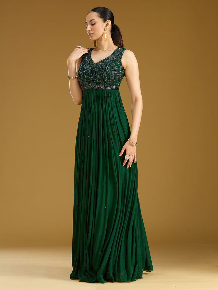 Bottle Green Sequins Satin Readymade Salwar Suit