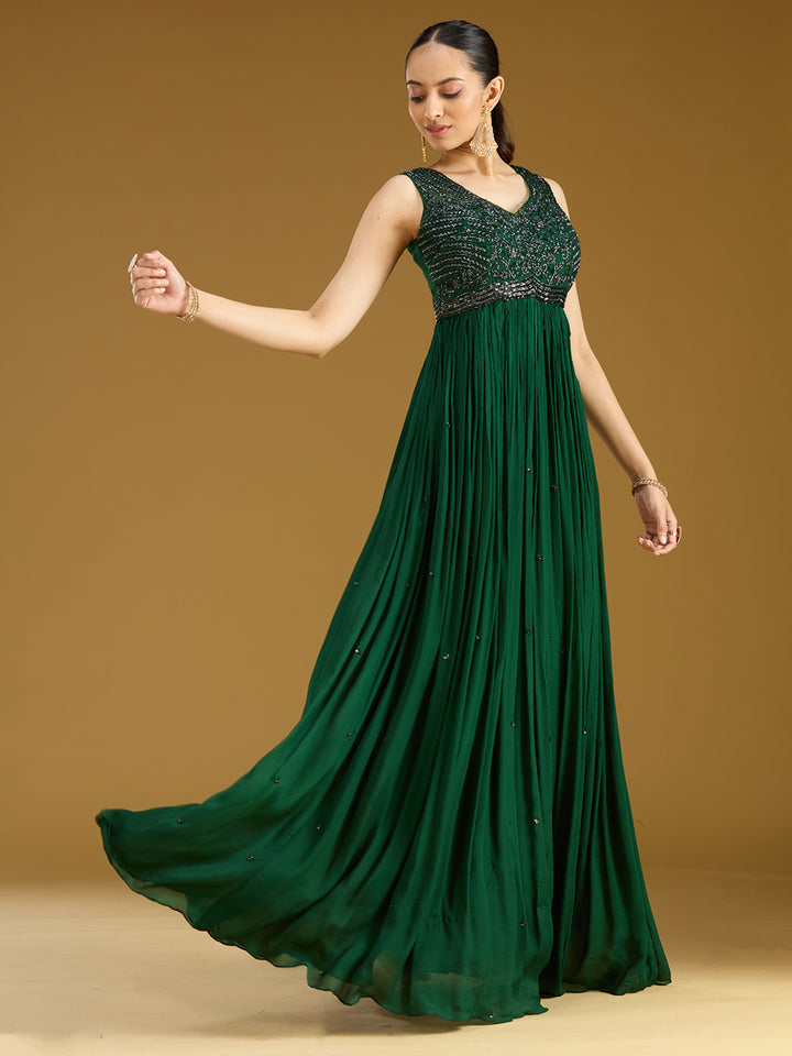 Bottle Green Sequins Satin Readymade Salwar Suit