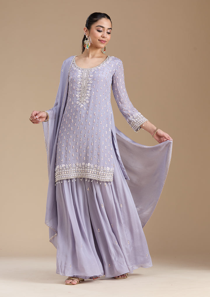 Light Lavender Mirrorwork Tissue Readymade Salwar Suit