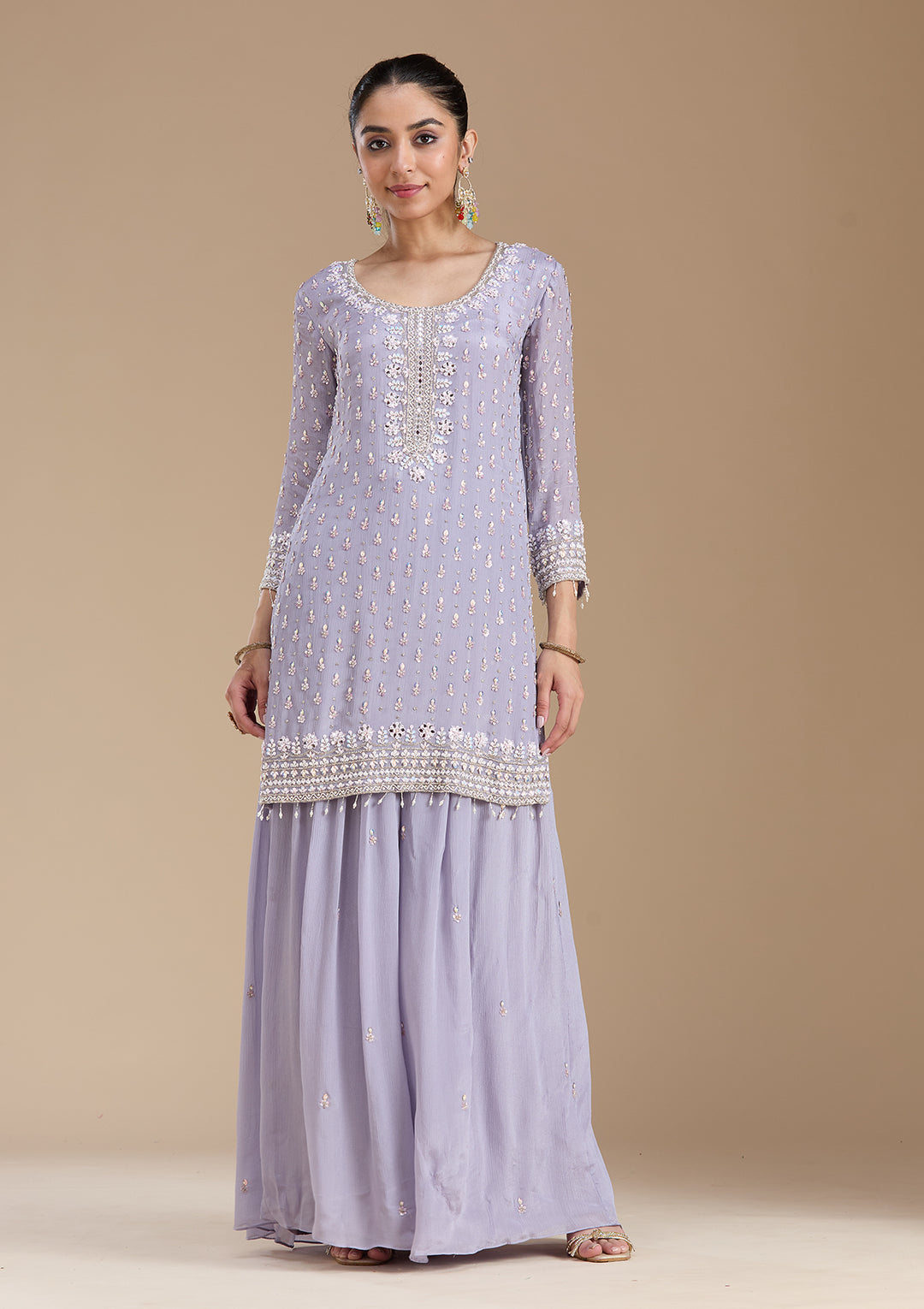 Light Lavender Mirrorwork Tissue Readymade Salwar Suit