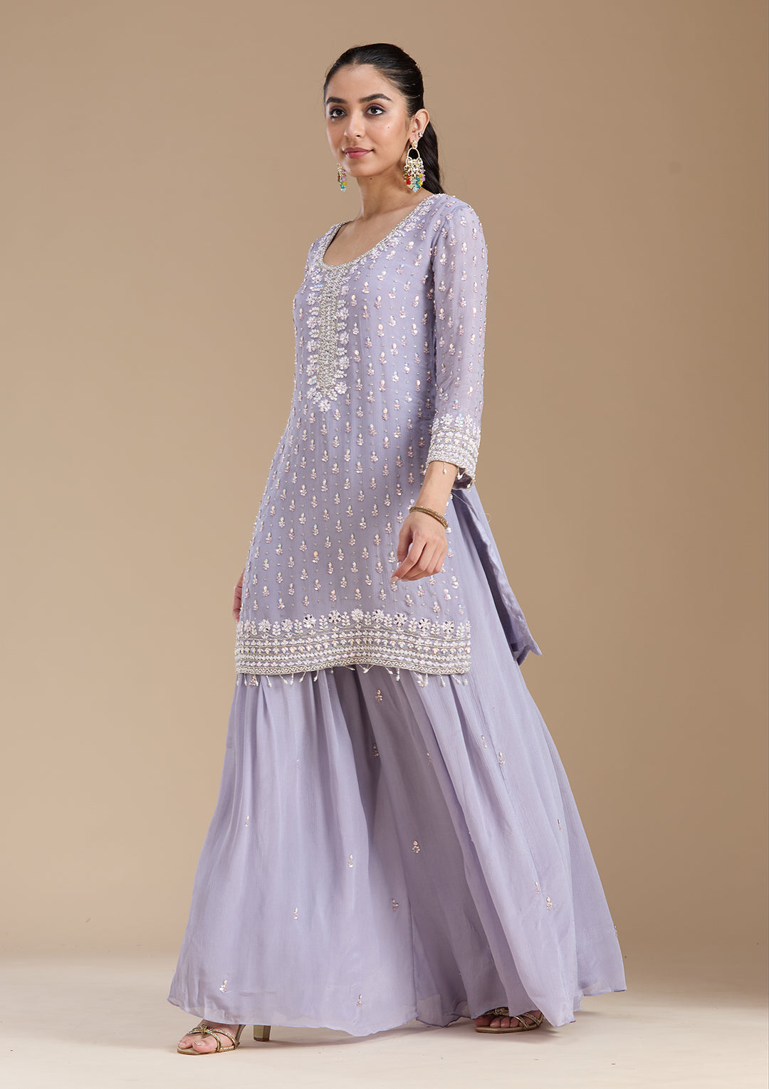 Light Lavender Mirrorwork Tissue Readymade Salwar Suit