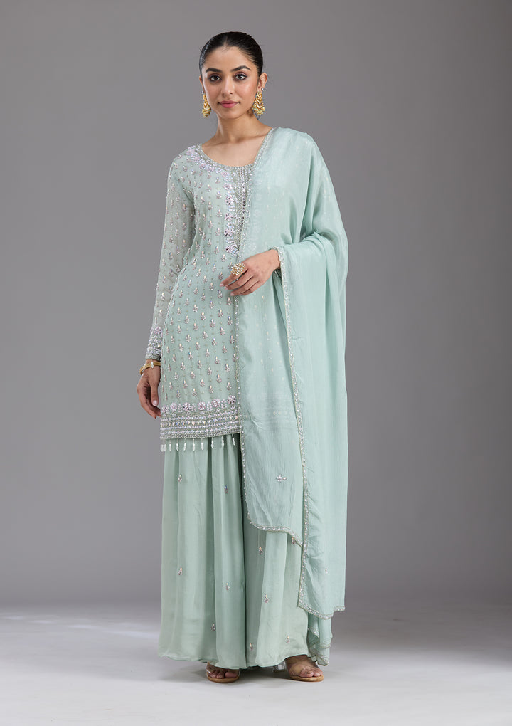 Sea Green Mirrorwork Tissue Readymade Salwar Suit