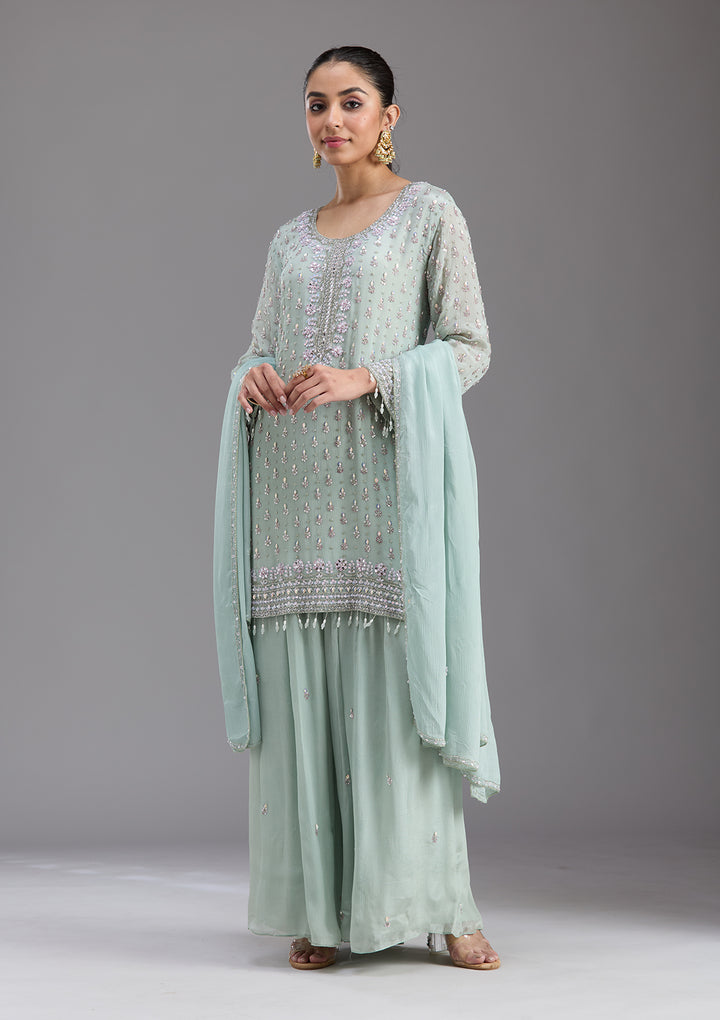 Sea Green Mirrorwork Tissue Readymade Salwar Suit