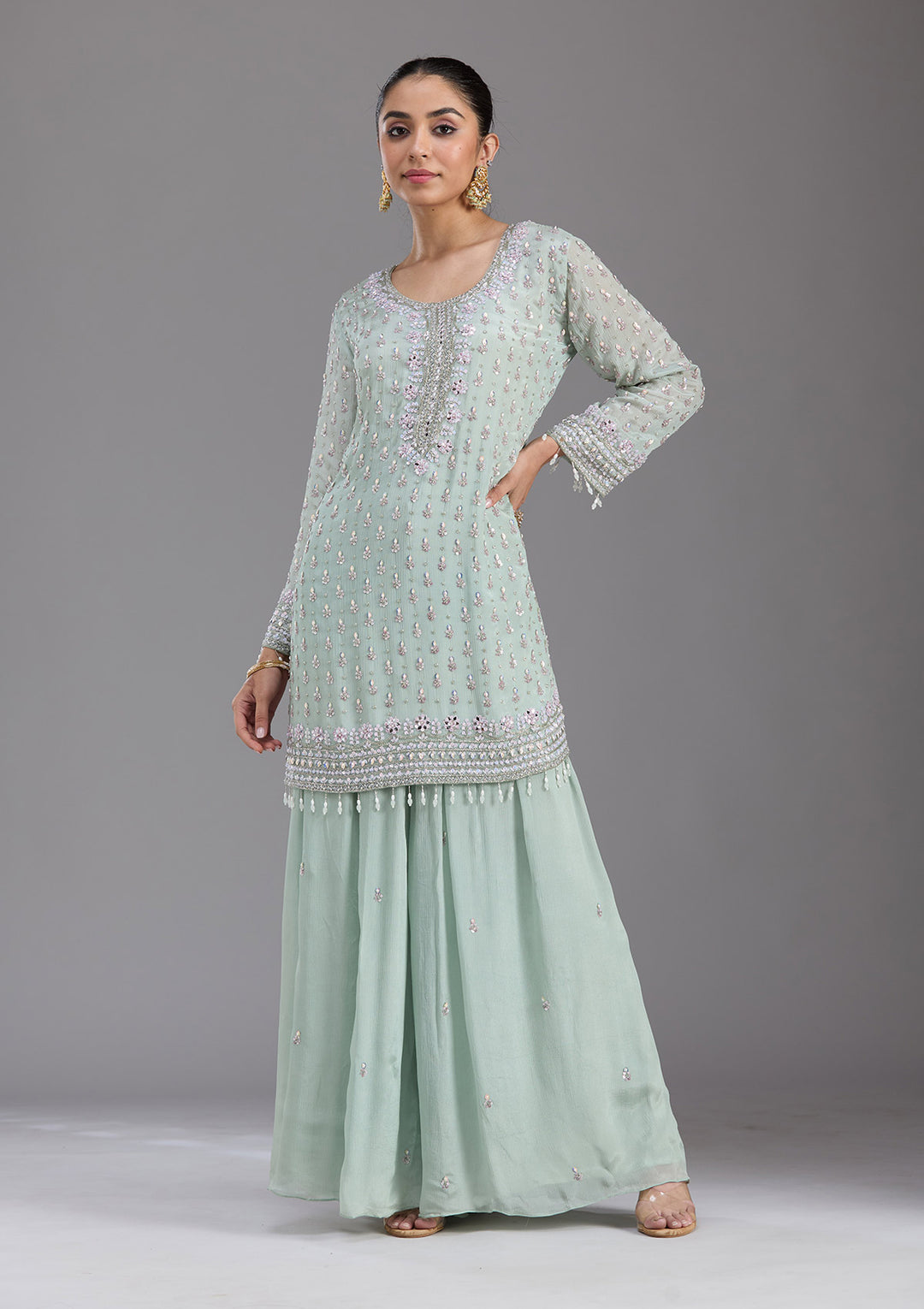 Sea Green Mirrorwork Tissue Readymade Salwar Suit