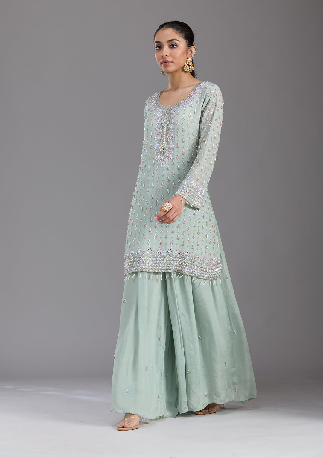 Sea Green Mirrorwork Tissue Readymade Salwar Suit