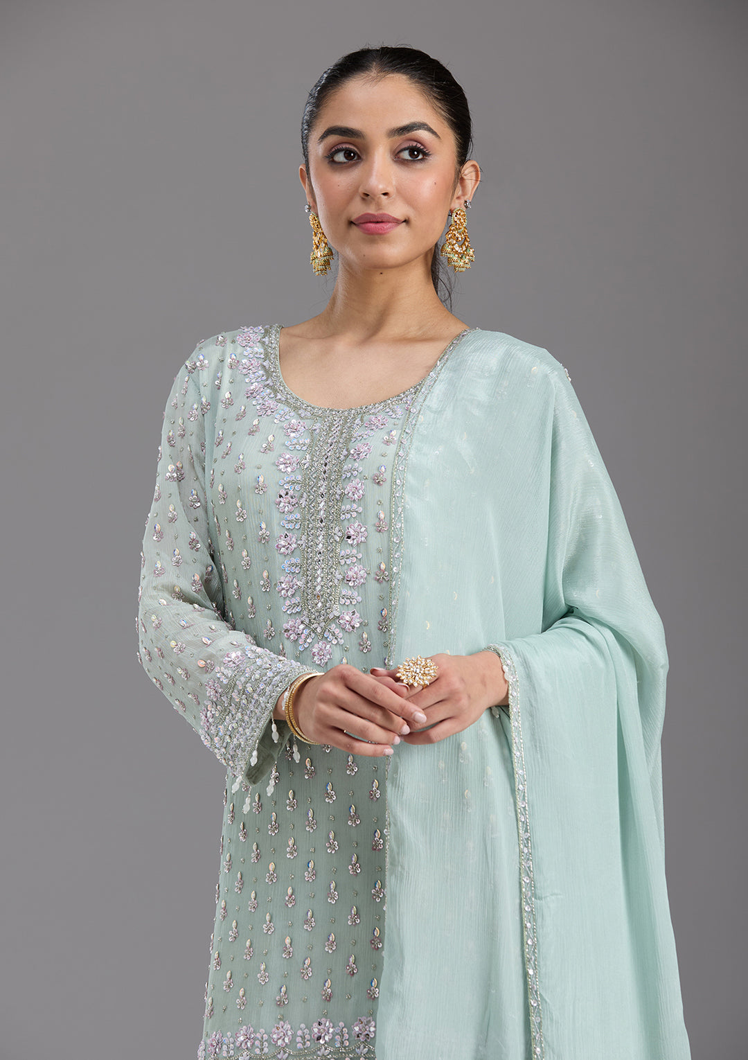 Sea Green Mirrorwork Tissue Readymade Salwar Suit