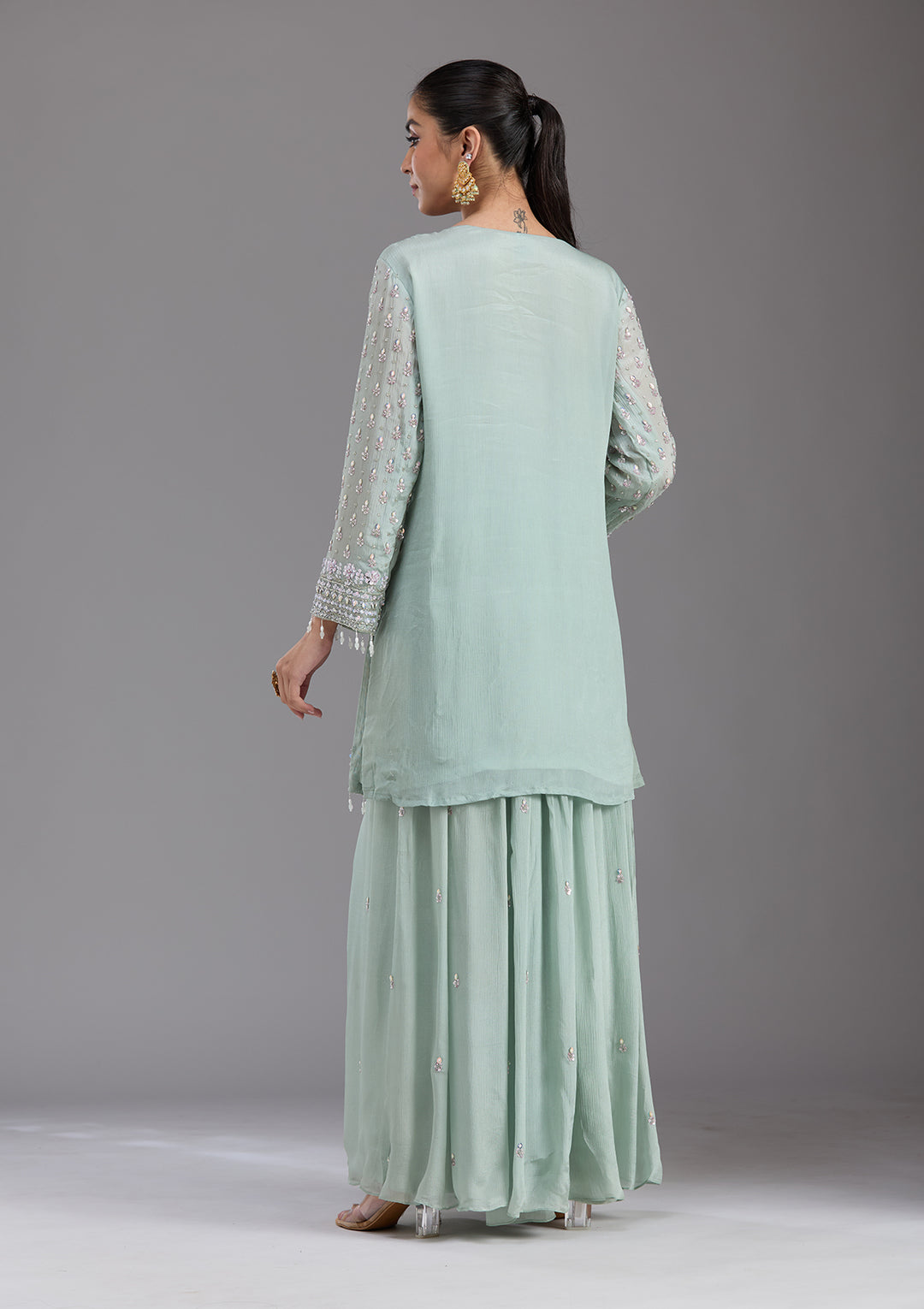 Sea Green Mirrorwork Tissue Readymade Salwar Suit