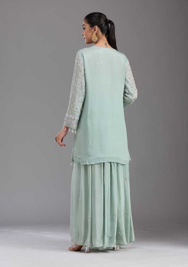 Sea Green Mirrorwork Tissue Readymade Salwar Suit