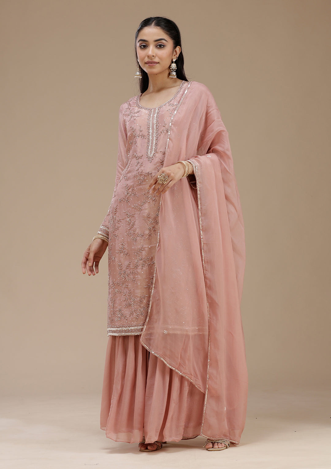 Peach Cutdana Tissue Readymade Salwar Suit