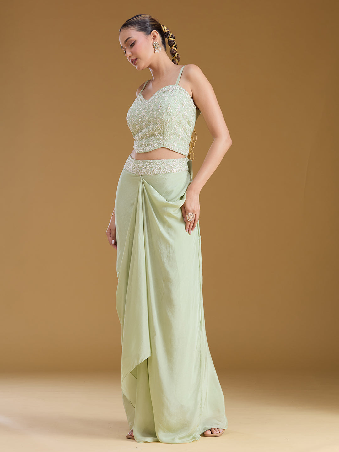 Pista Green Cutdana Tissue Readymade Salwar Suit