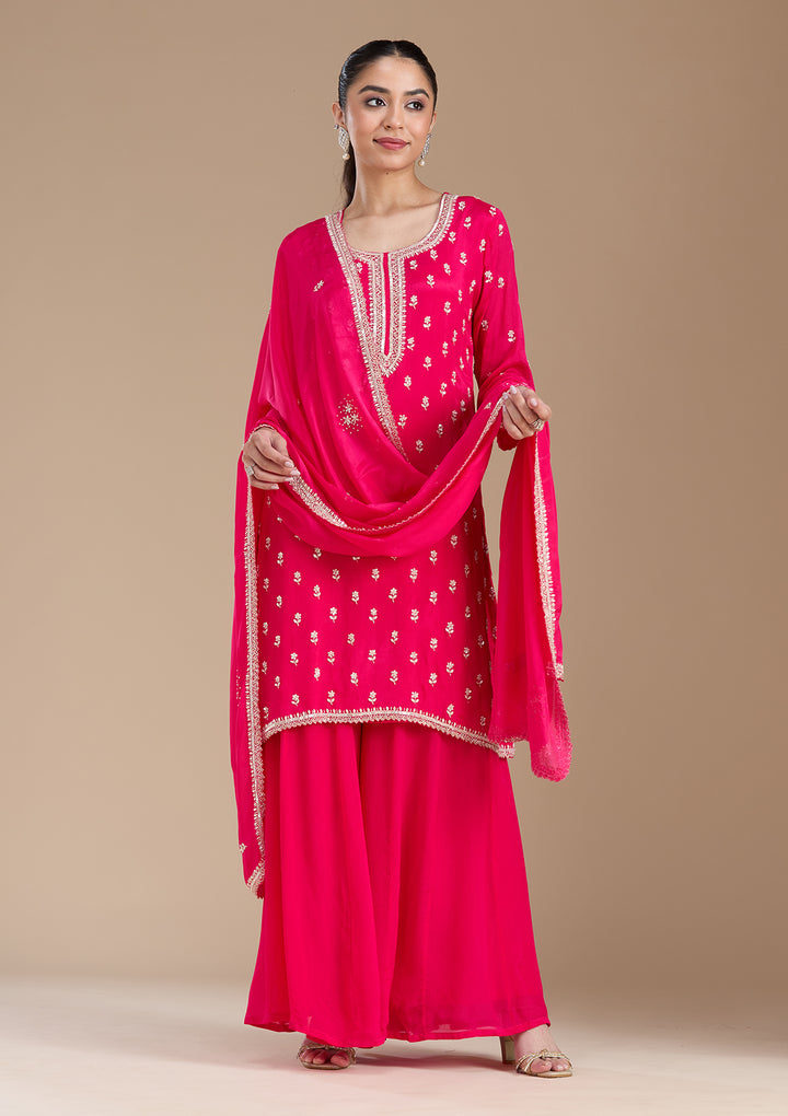 Magenta Pink Sequins Soft Raw Silk Readymade Salwar Suit