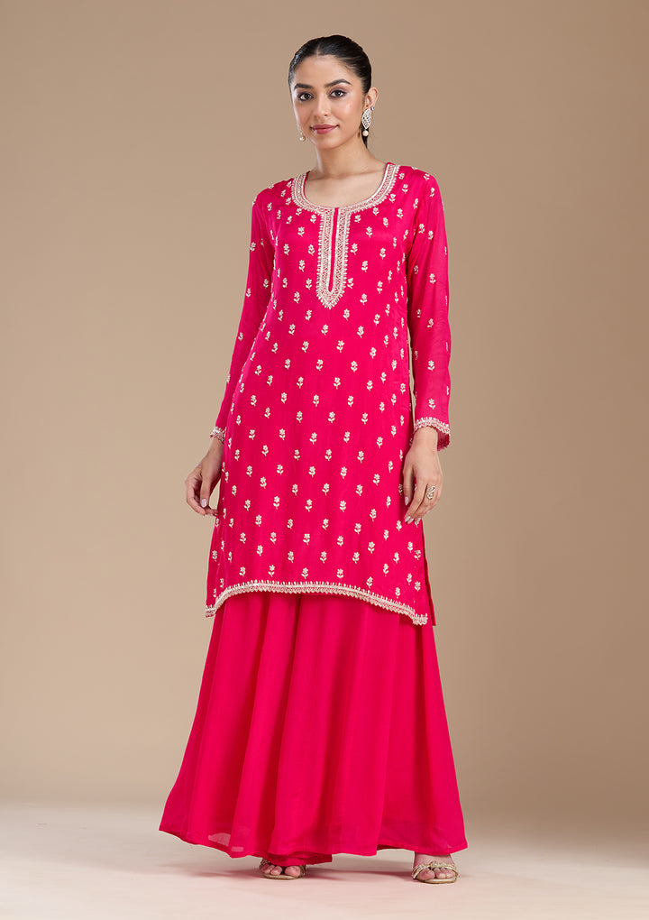 Magenta Pink Sequins Soft Raw Silk Readymade Salwar Suit