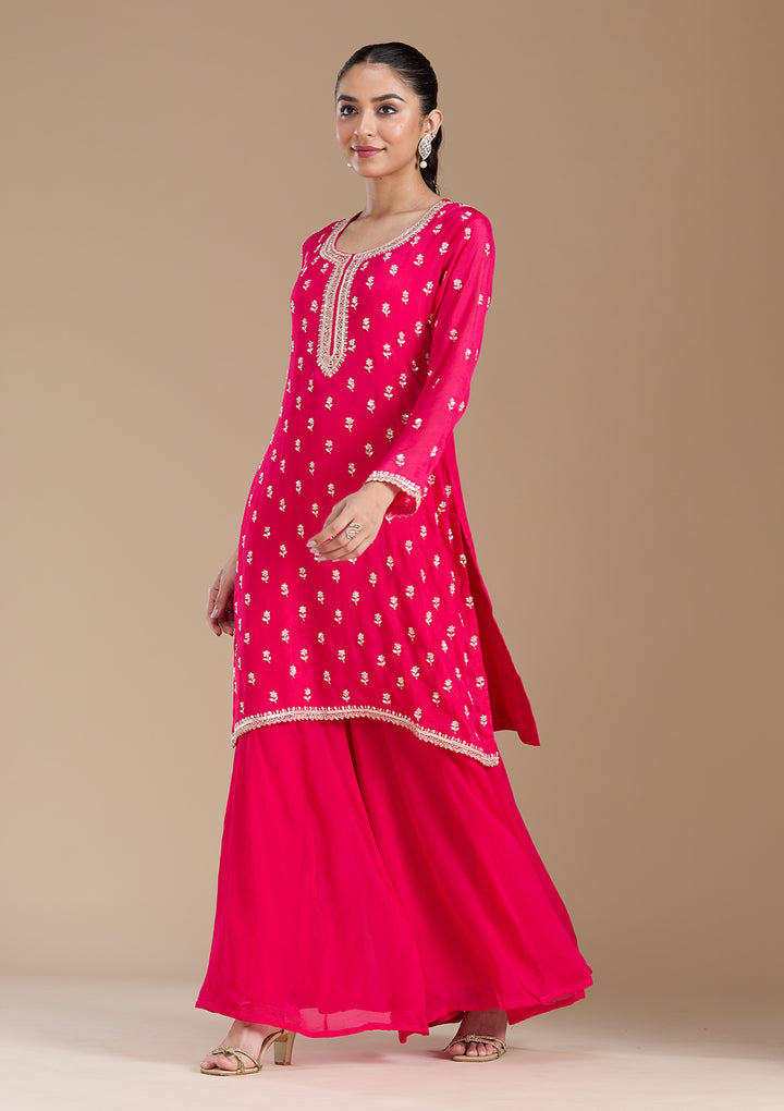 Magenta Pink Sequins Soft Raw Silk Readymade Salwar Suit