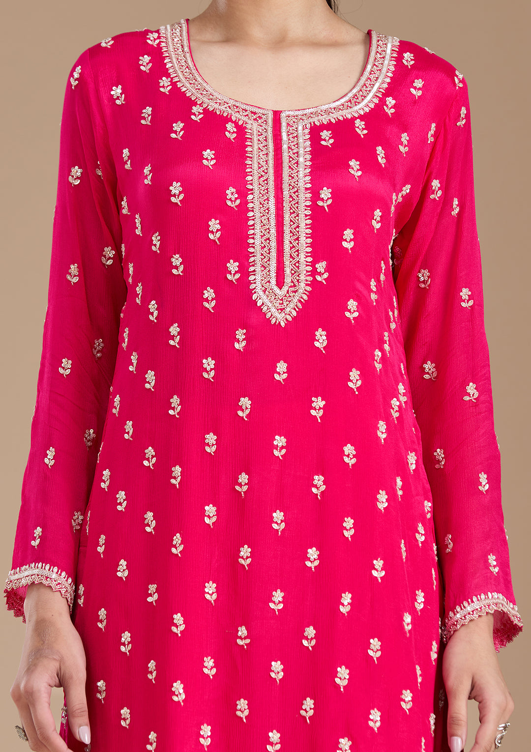 Magenta Pink Sequins Soft Raw Silk Readymade Salwar Suit