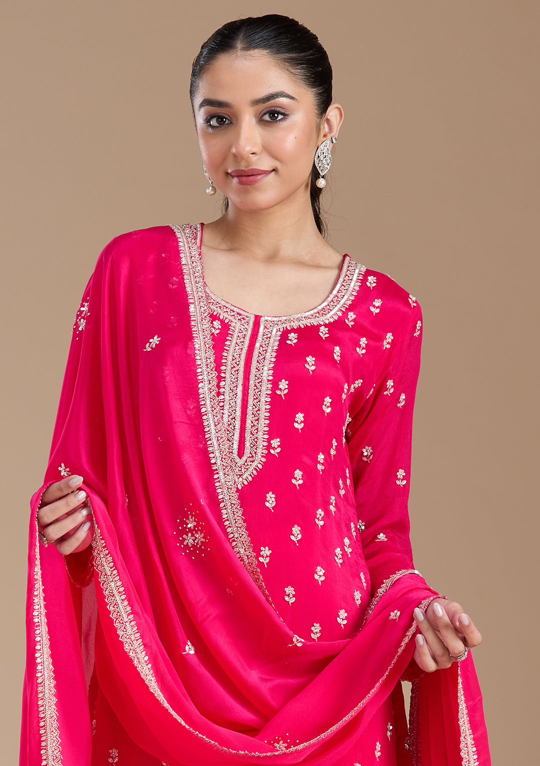 Magenta Pink Sequins Soft Raw Silk Readymade Salwar Suit