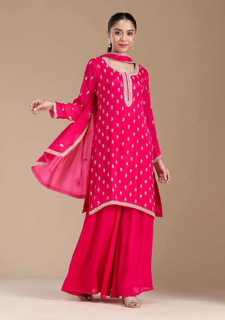 Magenta Pink Sequins Soft Raw Silk Readymade Salwar Suit