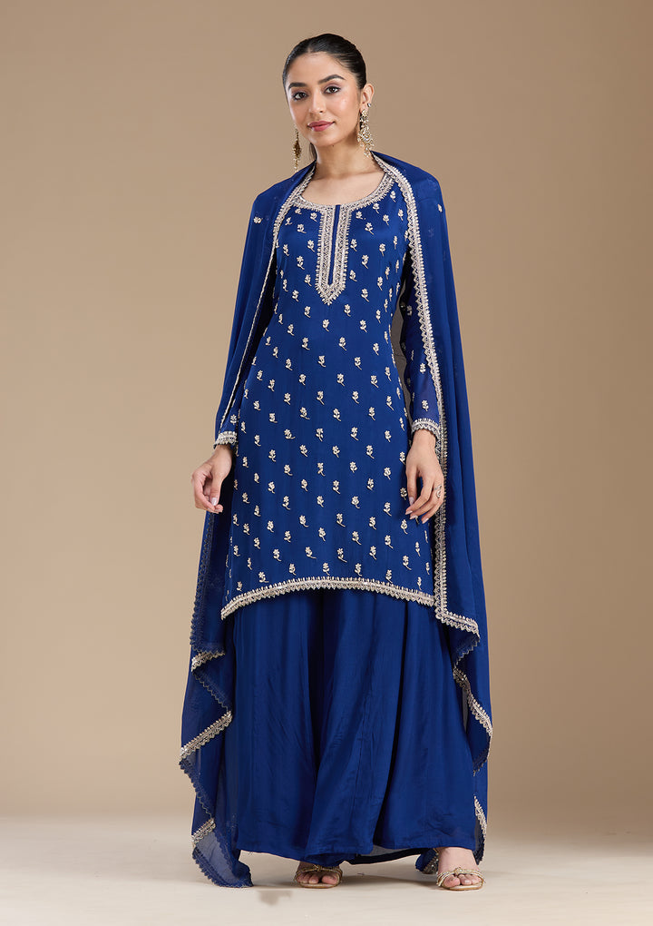Navy Blue Sequins Soft Raw Silk Readymade Salwar Suit