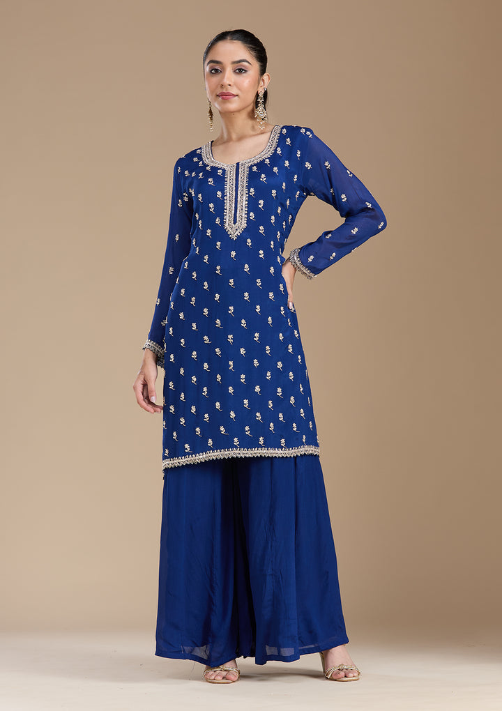 Navy Blue Sequins Soft Raw Silk Readymade Salwar Suit