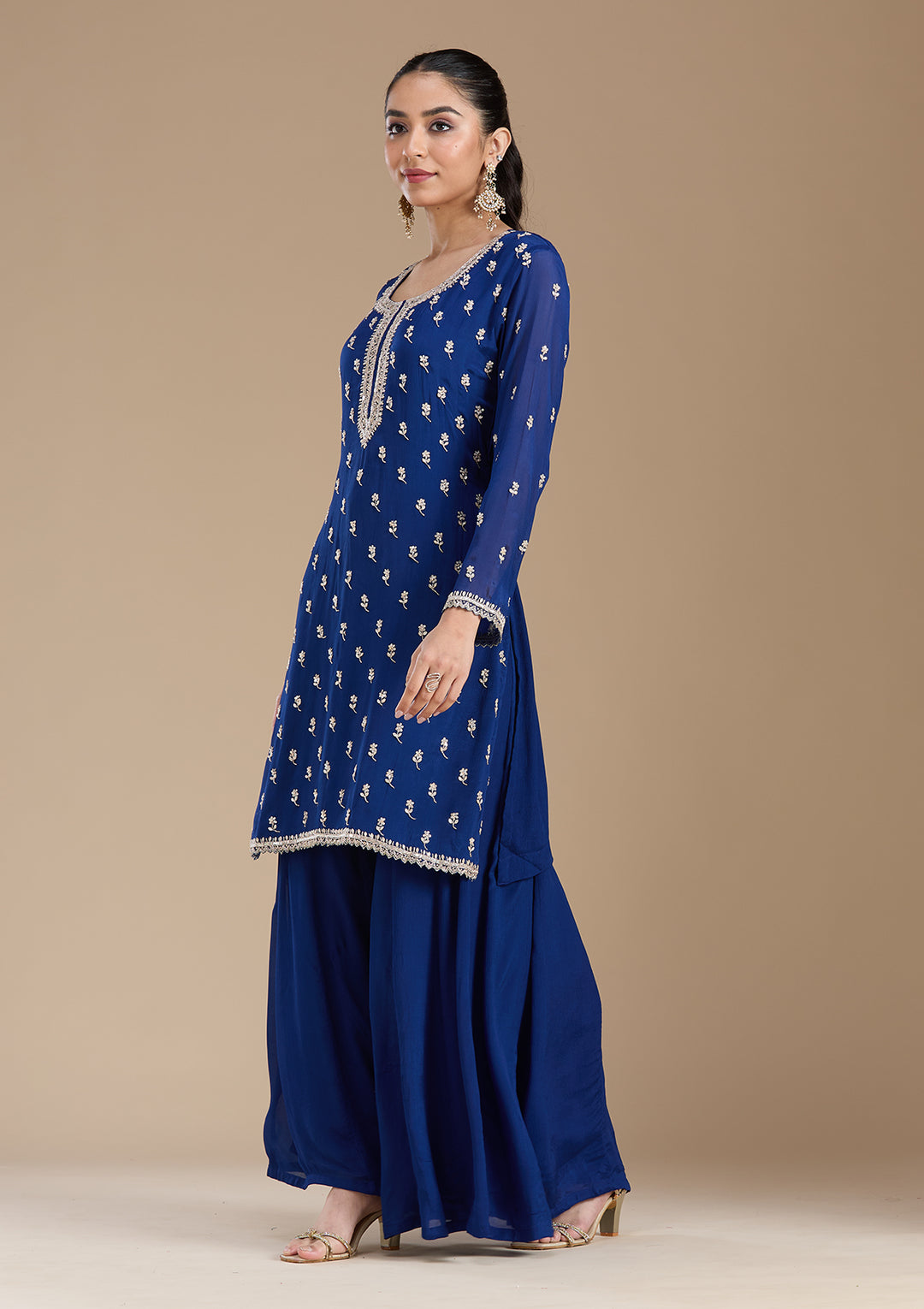Navy Blue Sequins Soft Raw Silk Readymade Salwar Suit