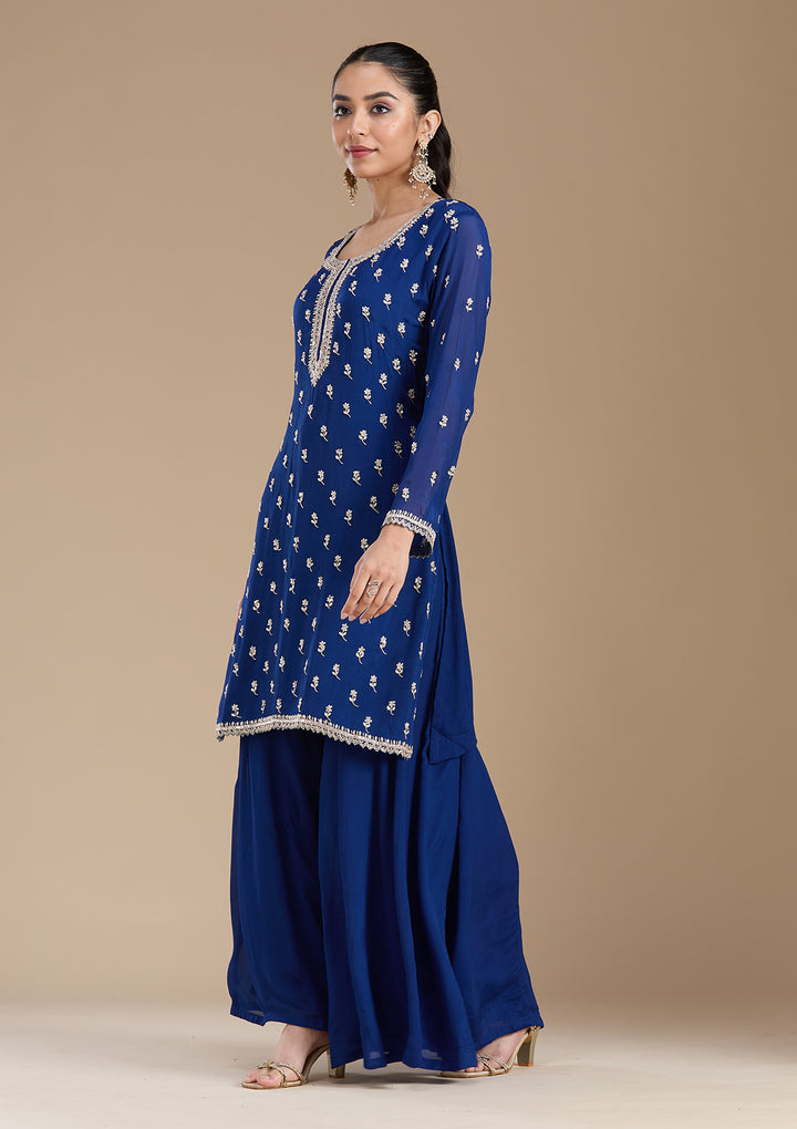 Navy Blue Sequins Soft Raw Silk Readymade Salwar Suit