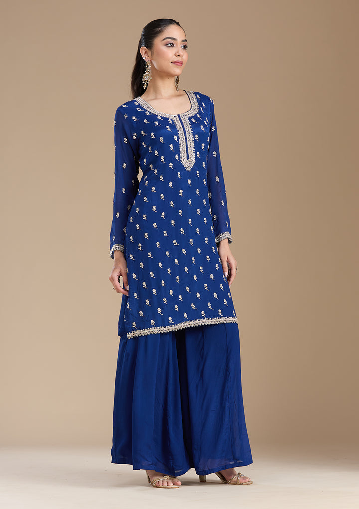 Navy Blue Sequins Soft Raw Silk Readymade Salwar Suit