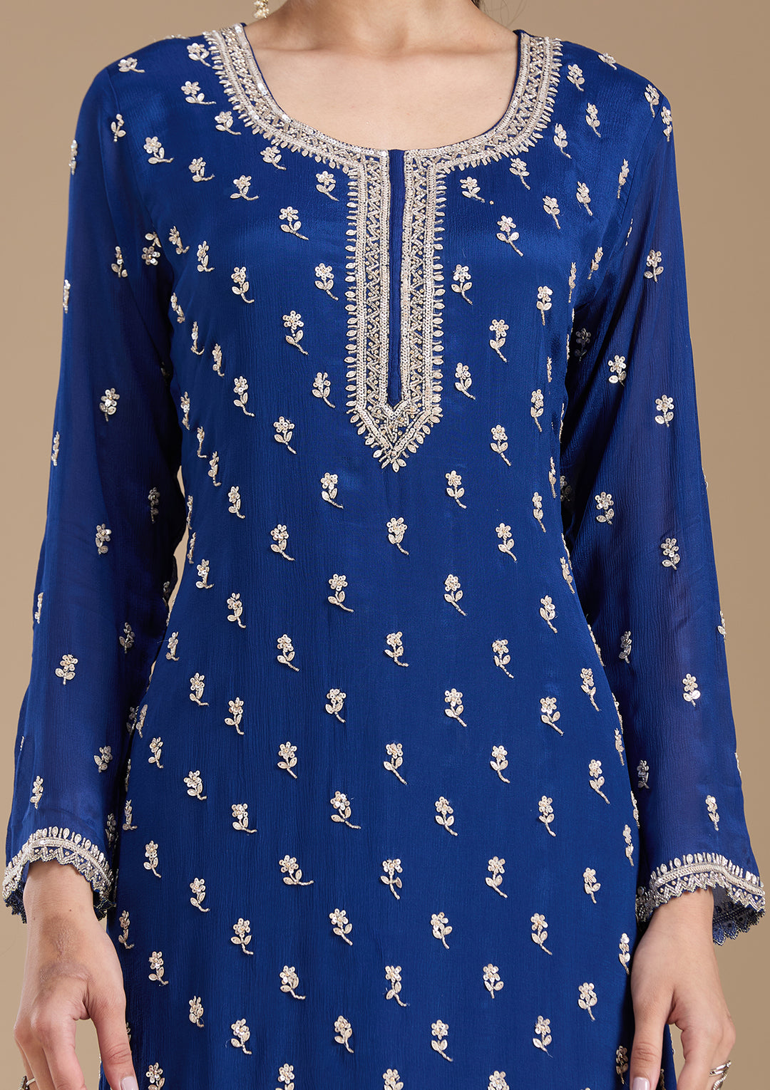 Navy Blue Sequins Soft Raw Silk Readymade Salwar Suit