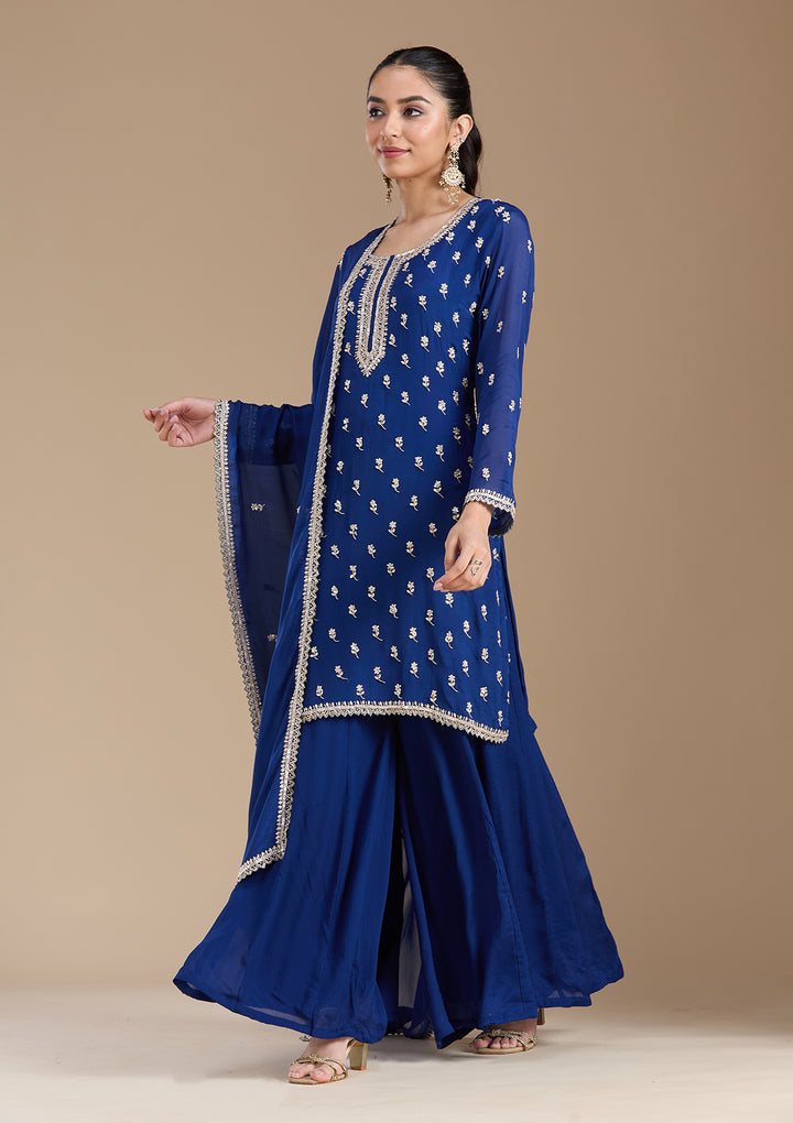 Navy Blue Sequins Soft Raw Silk Readymade Salwar Suit