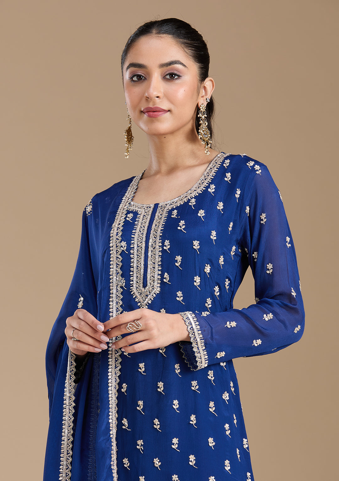 Navy Blue Sequins Soft Raw Silk Readymade Salwar Suit